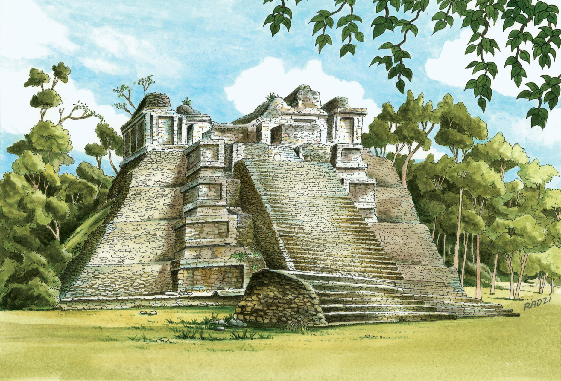 Steve Radzi - Dzibanche, from Maya Illustrations and Drawings of Pyramids, Structures, and Temple Ruins (series) - pencil, pen, and ink - www.mayavision.com