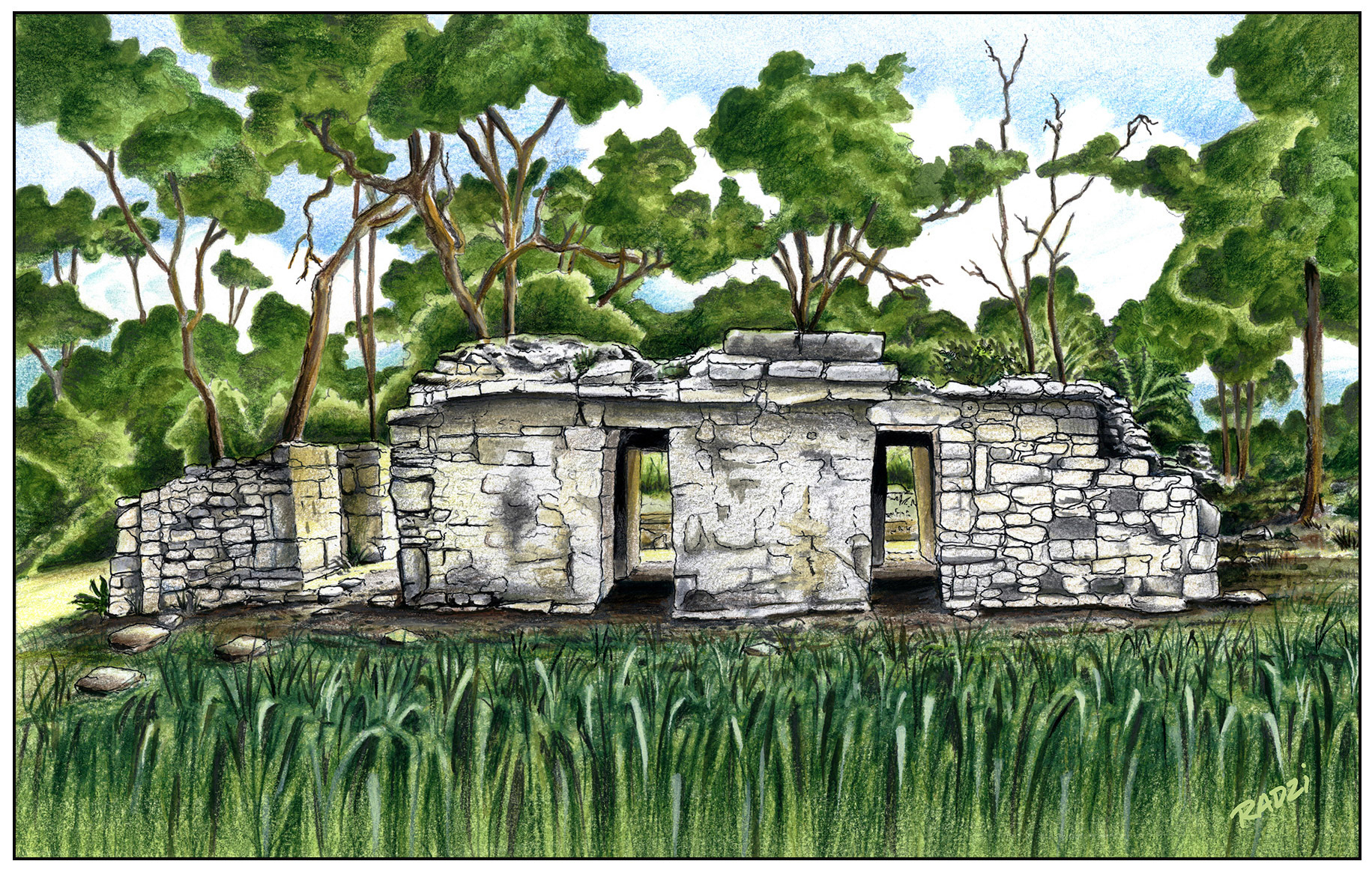 Steve Radzi - Dzibanche, from Maya Illustrations and Drawings of Pyramids, Structures, and Temple Ruins (series) - pencil, pen, and ink - www.mayavision.com