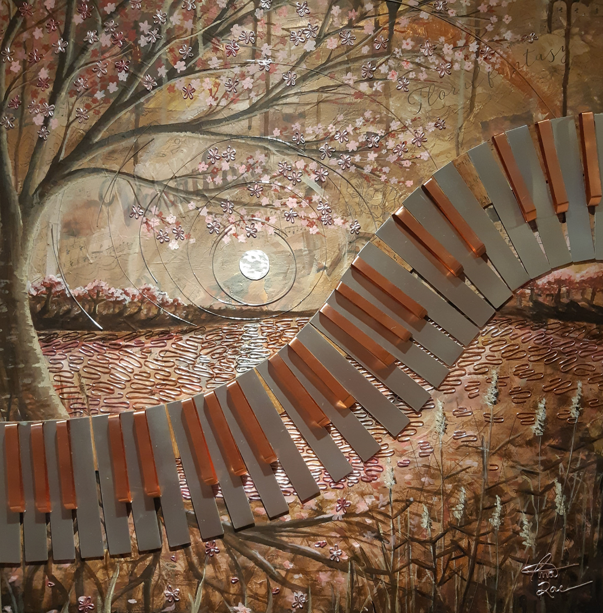 Tina Rae [Best in Show & Portfolio Artist]  |  Springtime Melody  |  copper, aluminum, acrylic, wire, collage  |  ktmmv6.wixsite.com.com/mysite