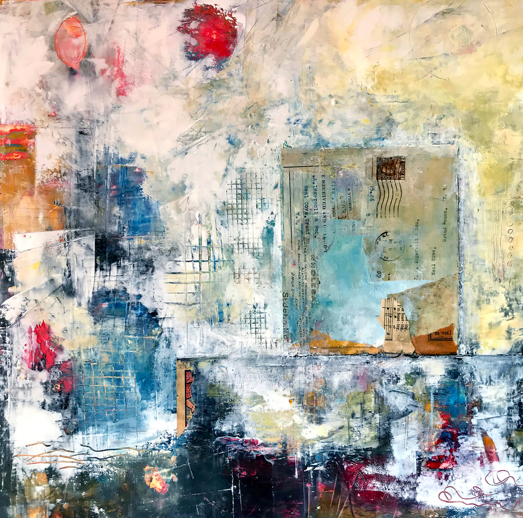 MJ Edwards - Snow Storm in the City - oil, cold wax and collage - www.mjedwards.ca