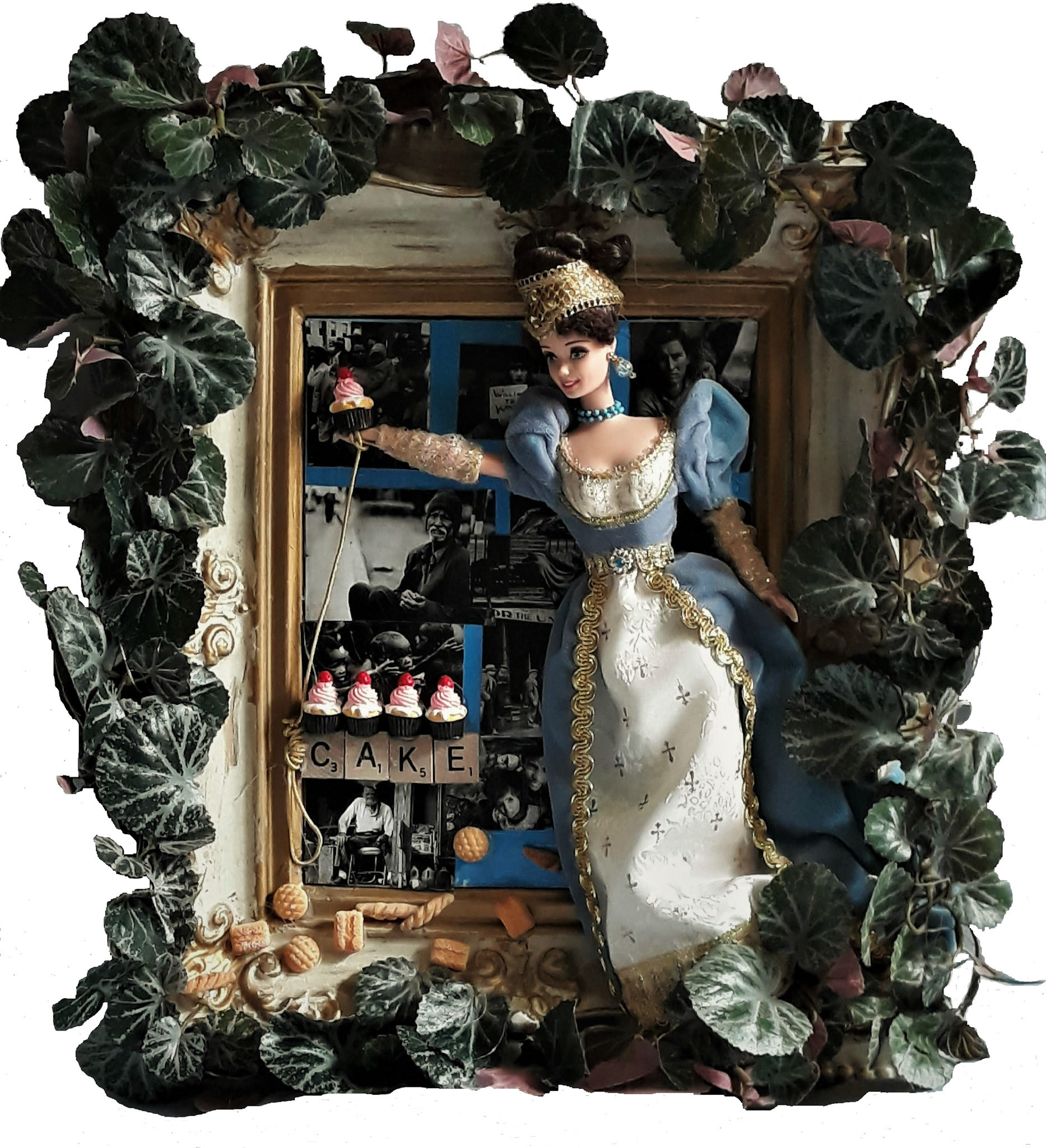 Lindsey Grant  |  CAKE  |  mixed/found/reclaimed wall art, "French Lady" Barbie, and images of poverty