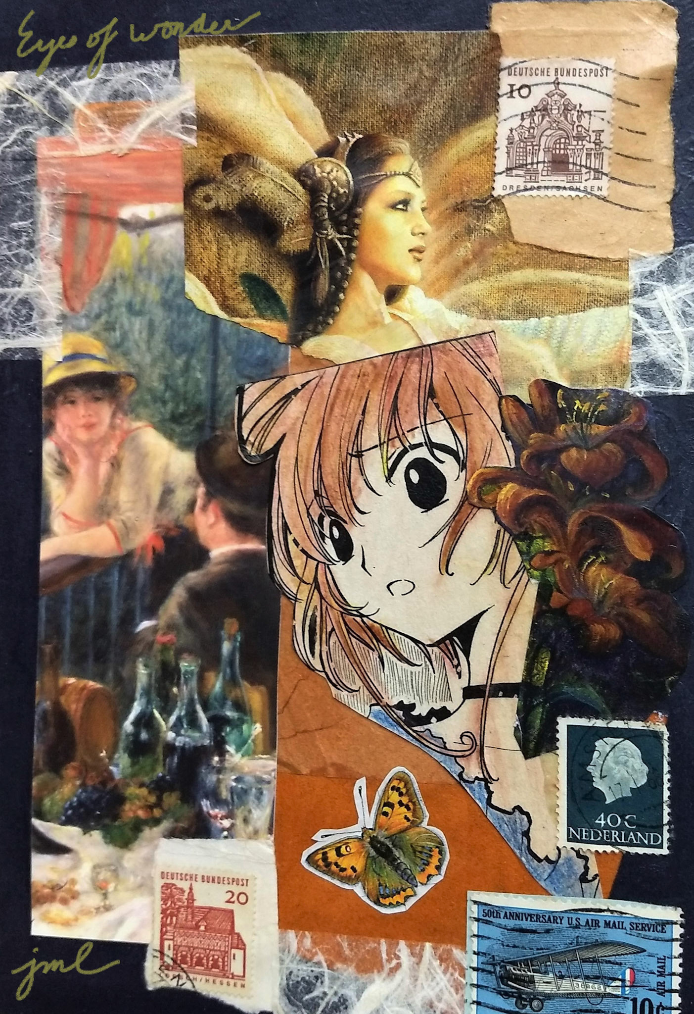 Jeanne Blum Lesinski  |  Eyes of Wonder  |  collage, including international postage stamps
