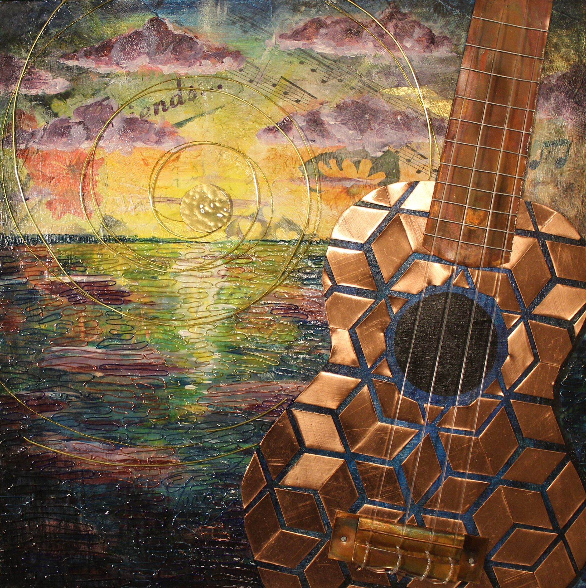 Tina Rae [Best in Show & Portfolio Artist]  |  Sunset Sonnet  |  acrylic, copper, wire, collage, ukulele strings  |  ktmmv6.wixsite.com.com/mysite