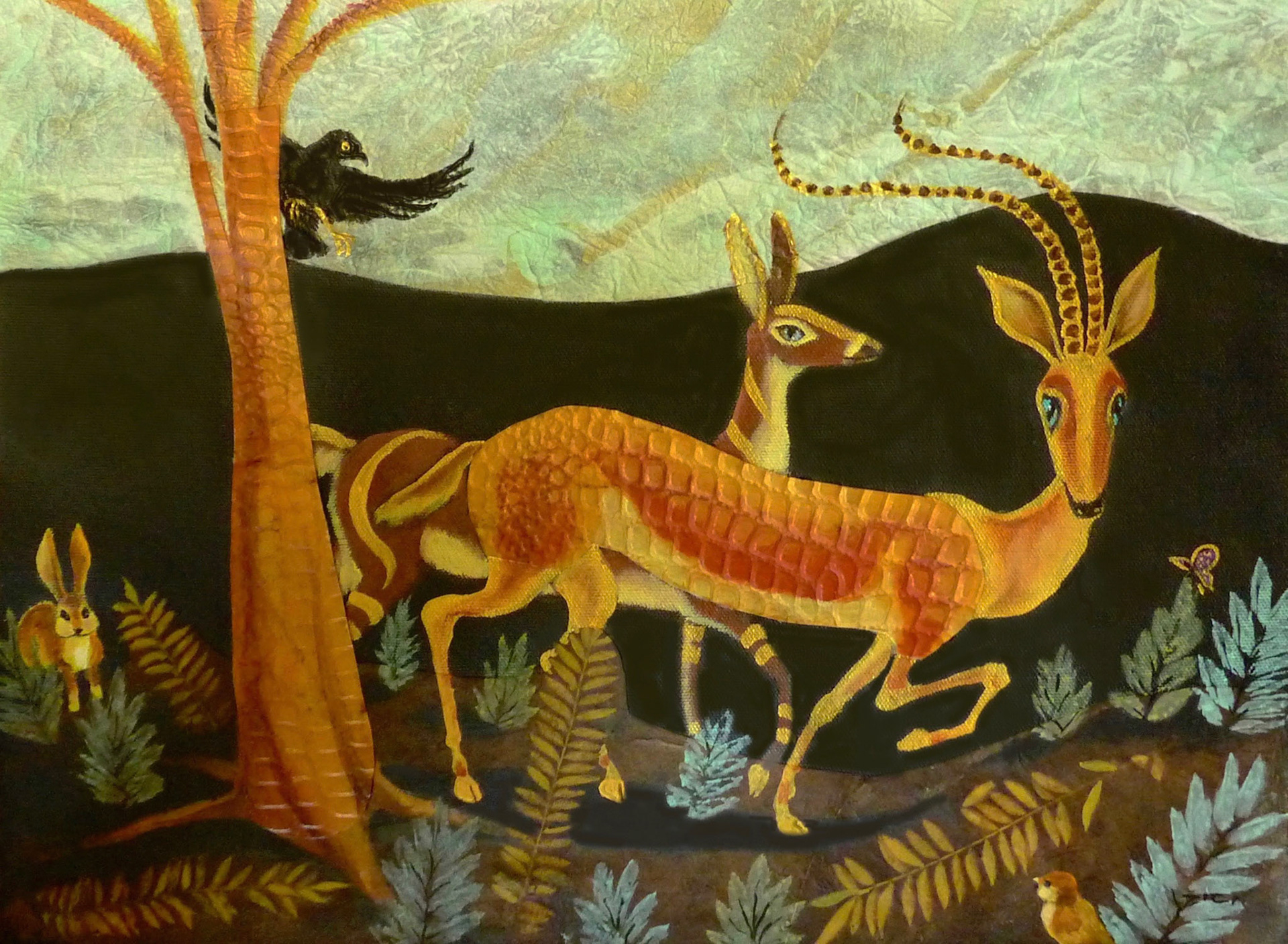 Jane Zich  |  Strolling Gazelles  |  collage using acrylic, mulberry paper, embossed flora paper, embossed reptilian paper on canvas  |  www.zichpaintings.com