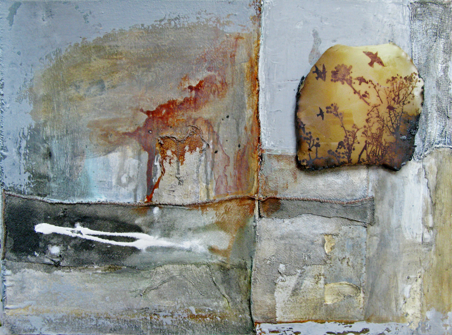 Cary Loving [Recognized for Exceptional Composition and Design]  |  Seasons  |  acrylic paint, rag, photo transfer on clay,  wood panel  |  www.caryloving.com