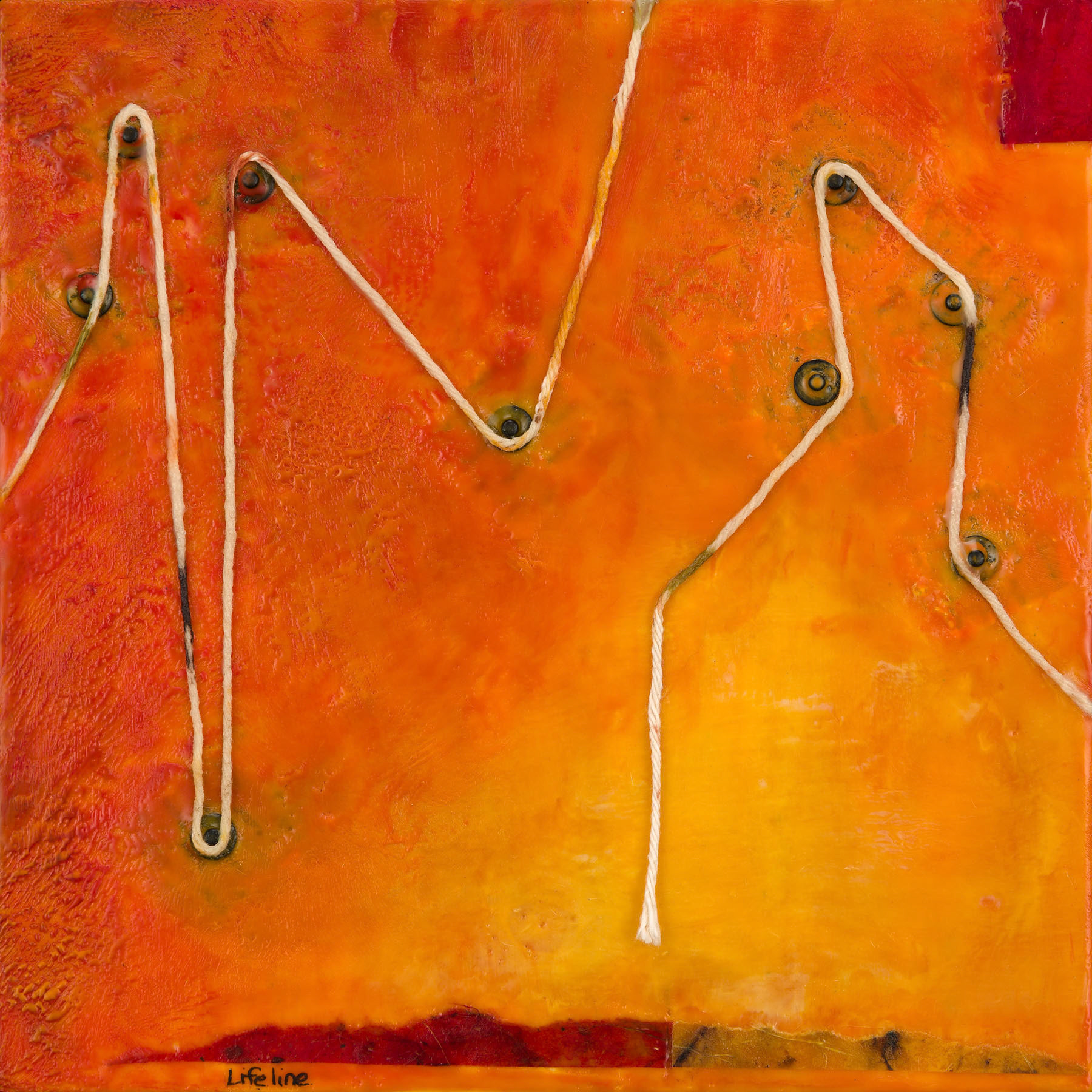 Candace Law  |  Lifeline  |  encaustic, paper,f string, and electrodes on panel  |  www.candacelaw.com