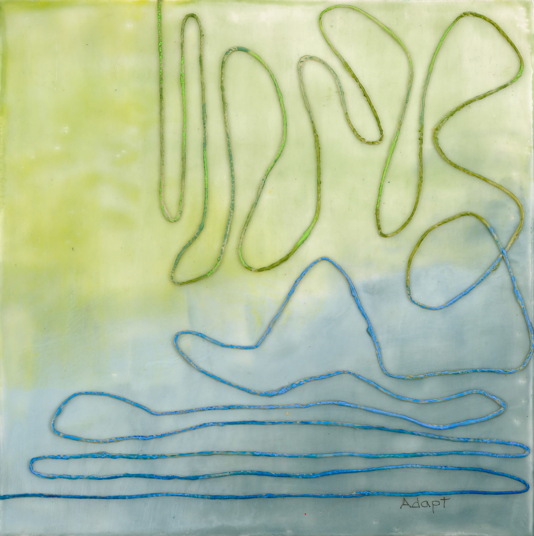 Candace Law  |  Adapt  |  encaustic, found string on panel  |  www.candacelaw.com