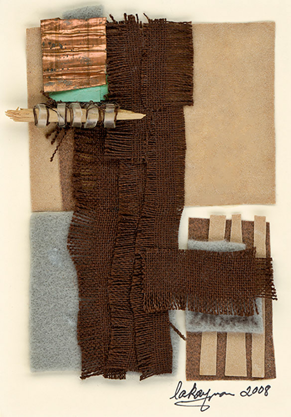 Loretta Ana Kaufman  |  Sentinels (Variation III)  |  paper, sandpaper, felt, linen, copper, wood, wire, plastic  |  lorettaanakaufman.artweb.com
