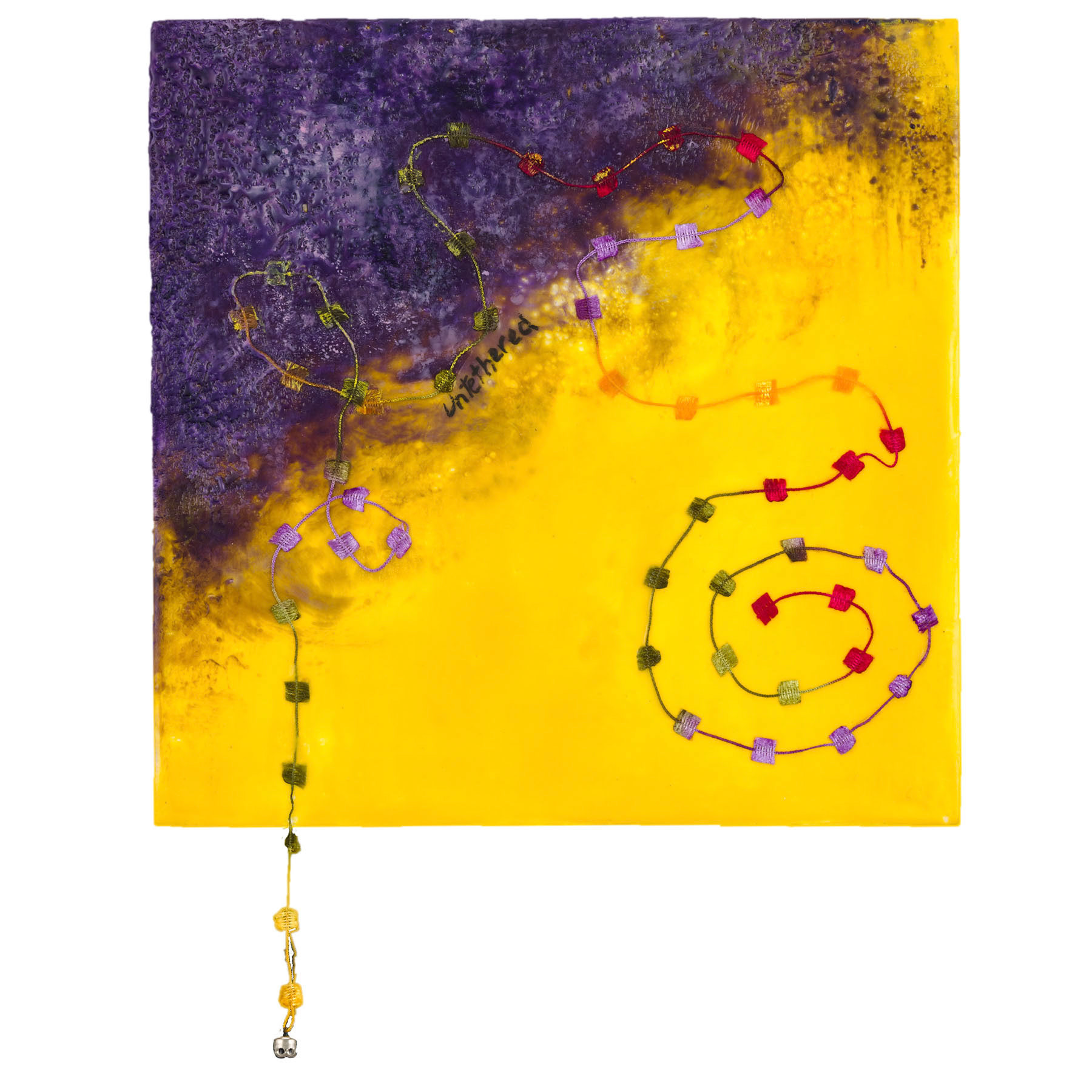 Candace Law  |  Untethered  |  encaustic, found yarn, and button on panel  |  www.candacelaw.com