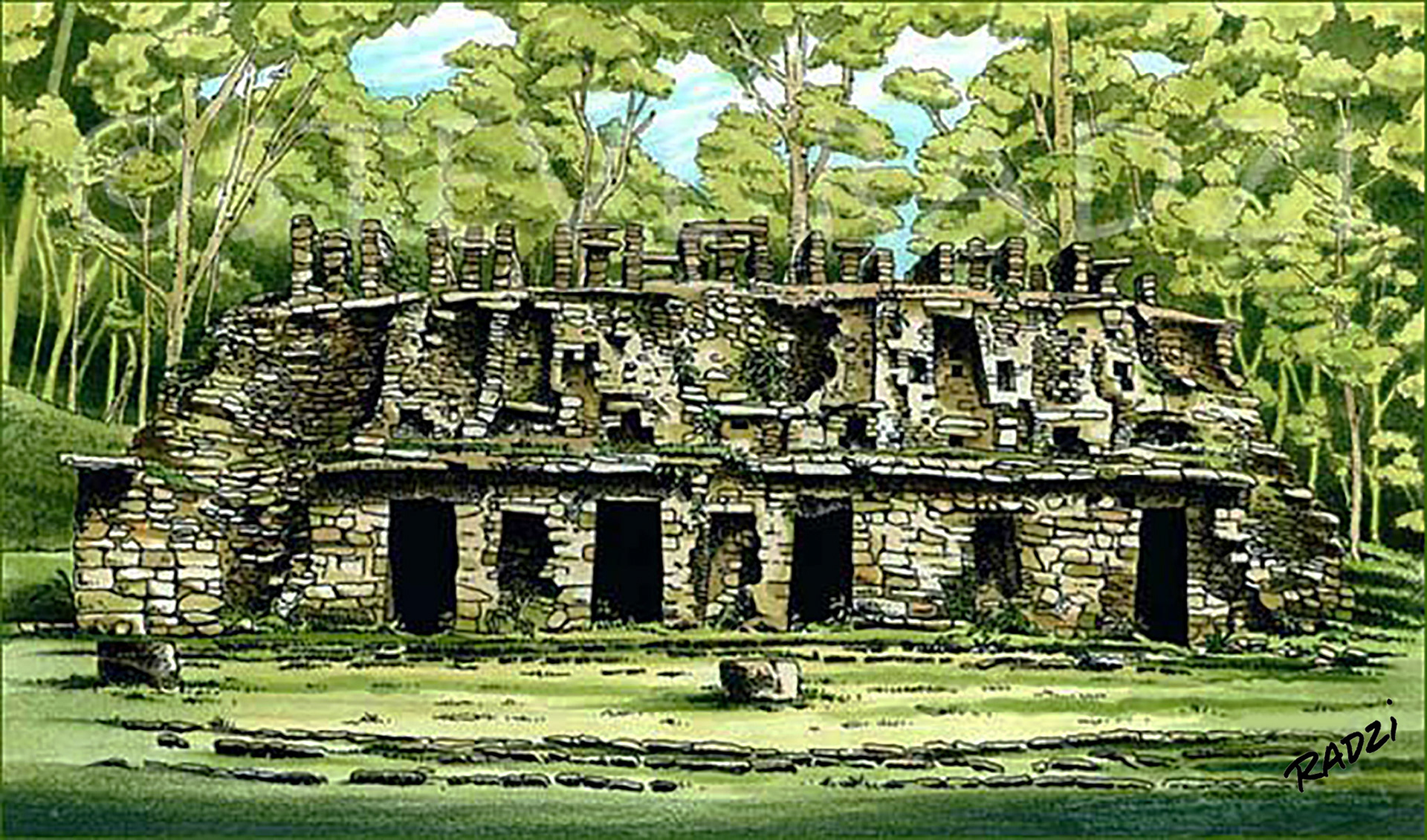 Steve Radzi - Dzibanche, from Maya Illustrations and Drawings of Pyramids, Structures, and Temple Ruins (series) - pencil, pen, and ink - www.mayavision.com