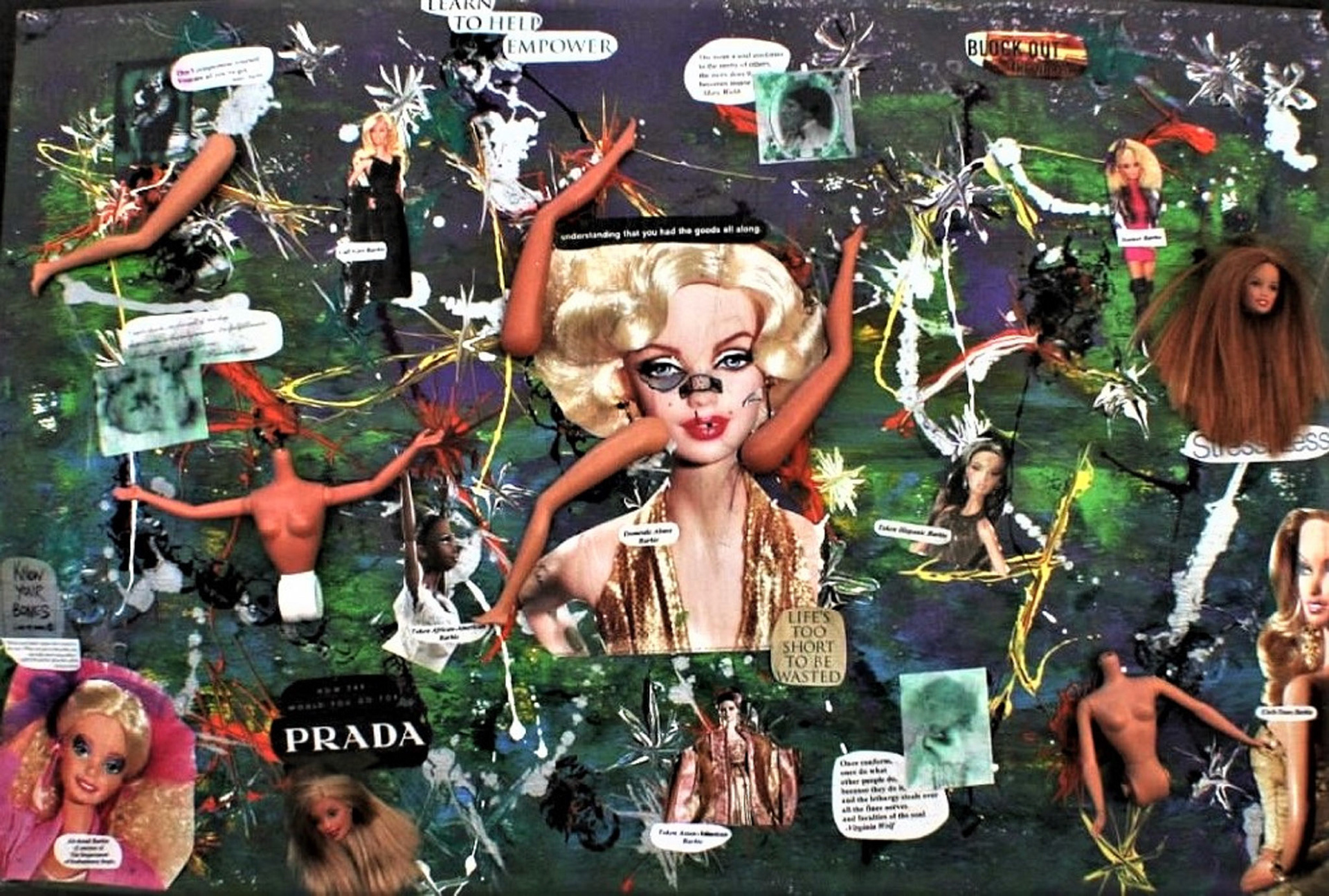 Lindsey Grant  |  Ne-2 Explosion  |  mixed/found/reclaimed media on doll parts on repurposed canvas