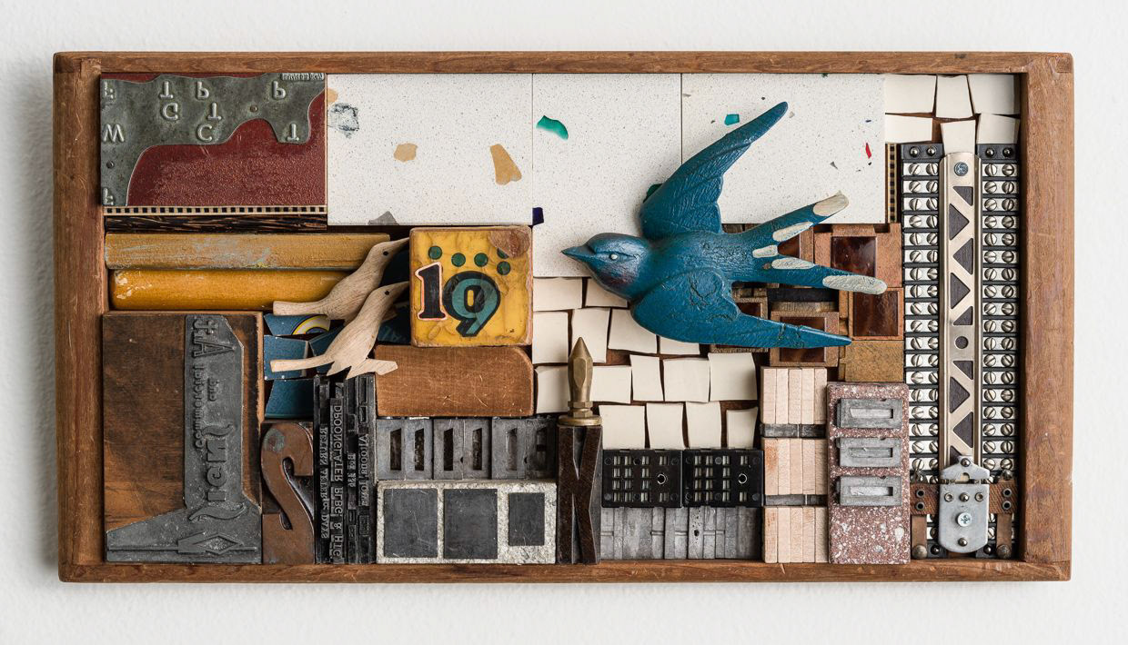 Gale Rothstein - The Bluebird of Happiness Flies Over An Abandoned New York City - assemblage sculpture - www.galerothsteindesigns.com