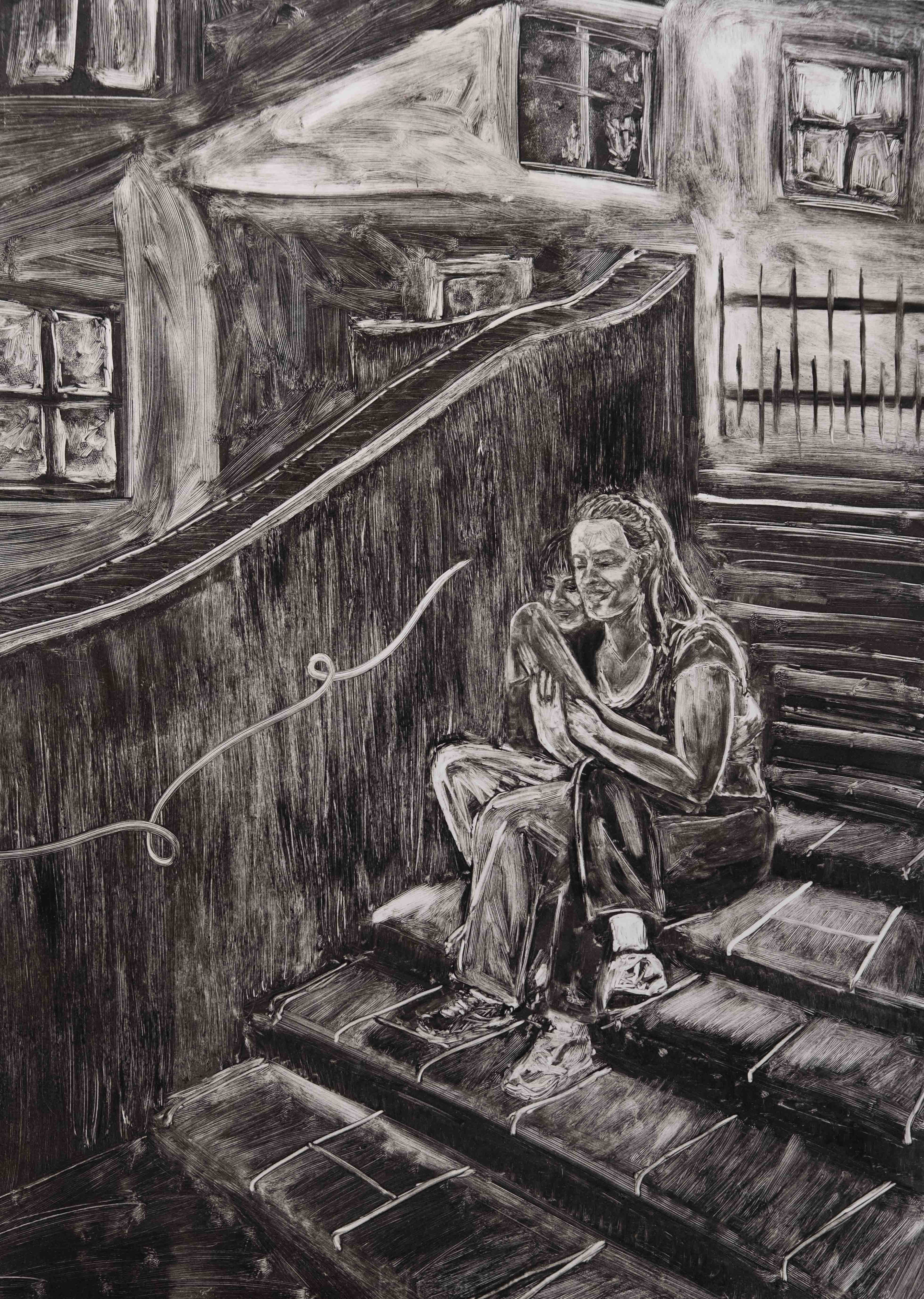 "Joy flows from many windows", monotype, 2024. 50 x 70 cm.