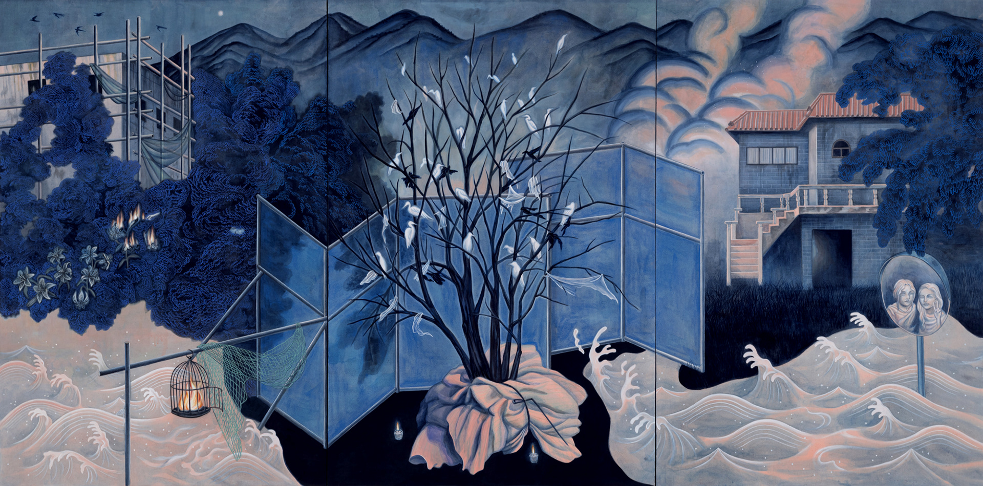 곳에 따라 불, 193.9×391cm, 린넨에 석채, 연필, 2025