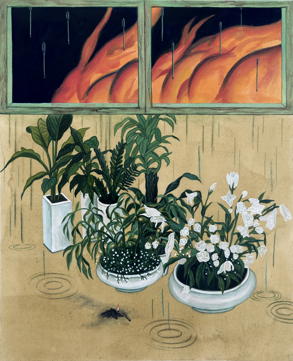 창 너머의 사건 - 불, 72.7×60.6, 린넨에 석채, 2025