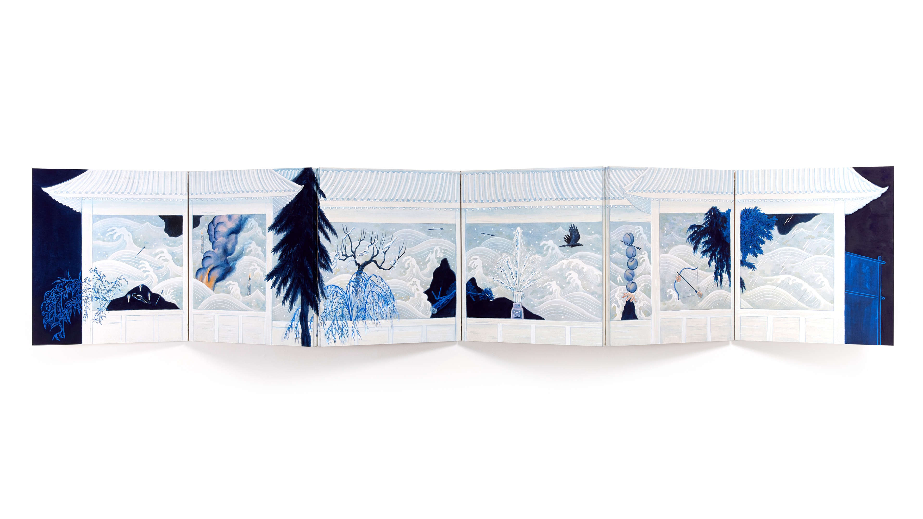 우리가 믿는 허구, 53×273cm, 경첩으로 연결한 판넬, 린넨에 석채, 은박, 2025