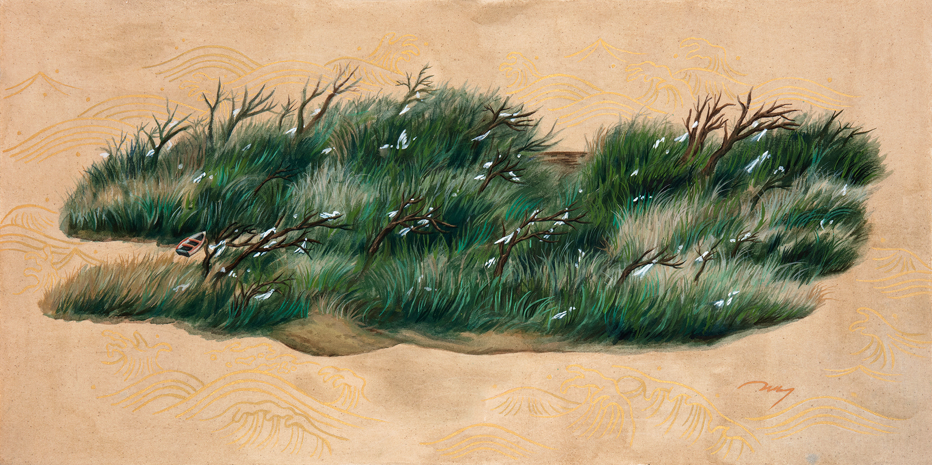 새의 섬, Mineral Pigments, Gouache on linen, 50×100cm, 2024