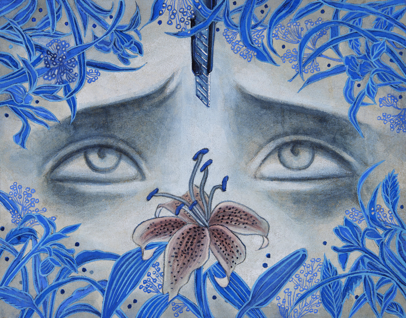 갈라진 낮, 34.8×27.3cm, 린넨에 석채, 아크릴, 은박, 2025