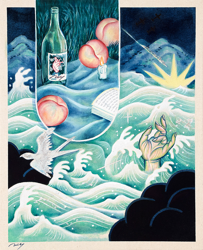 창 너머의 사건, 65.1×53cm, 린넨에 석채, 동양화물감, 은박, 2024