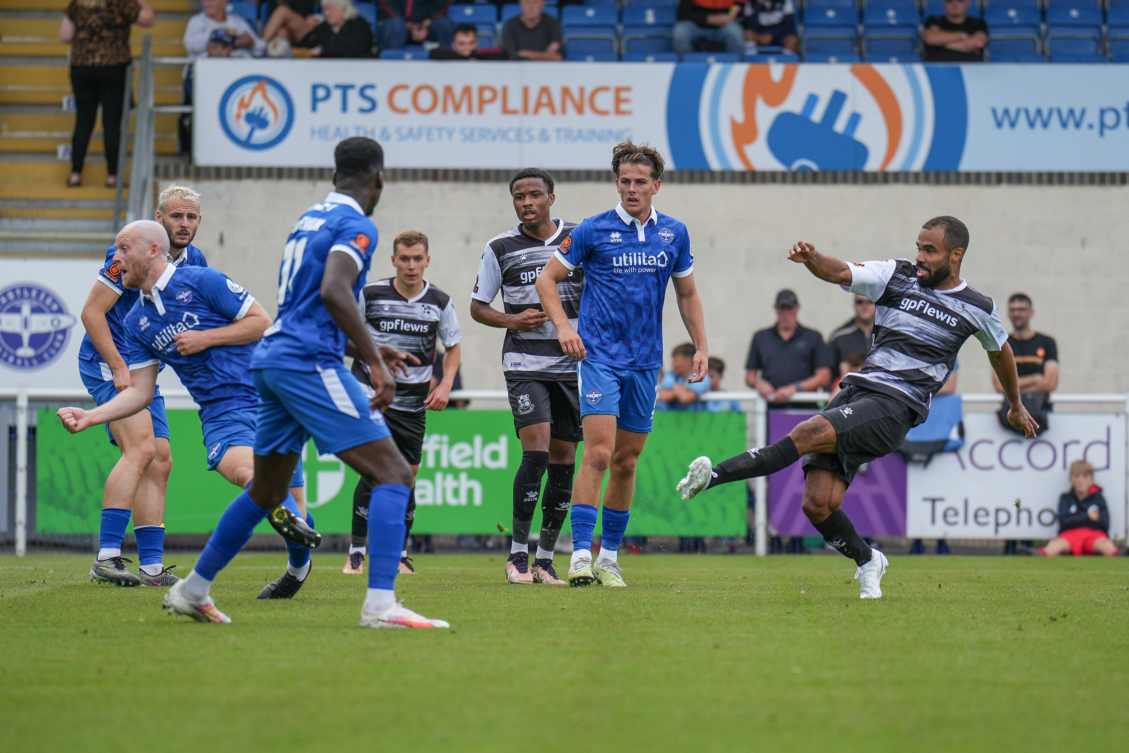 Alex Dyer unleashes a shot at the Eastleigh goal