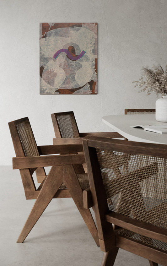 Interferencias Lua, geometric abstraction, view of the painting on canvas in an interior