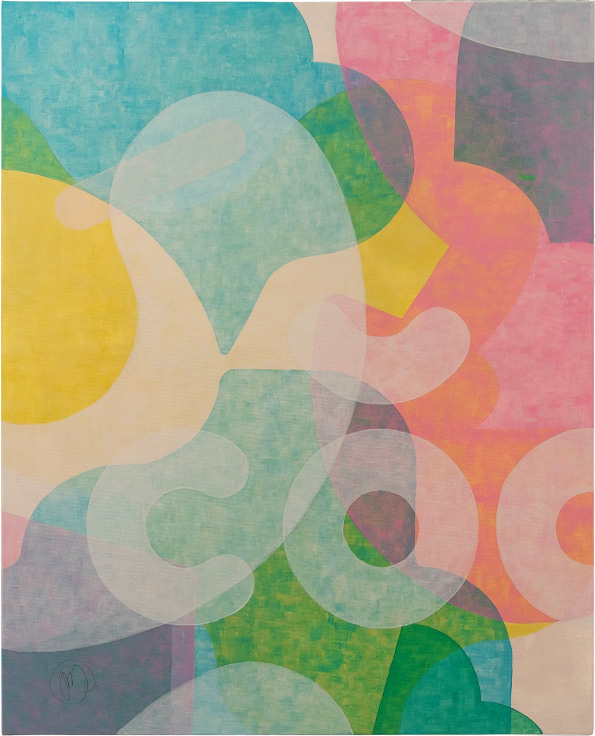 Merry Field, bright colorful abstract acrylic painting exploring rhythm, repetition and geometric structures inspired by typography.