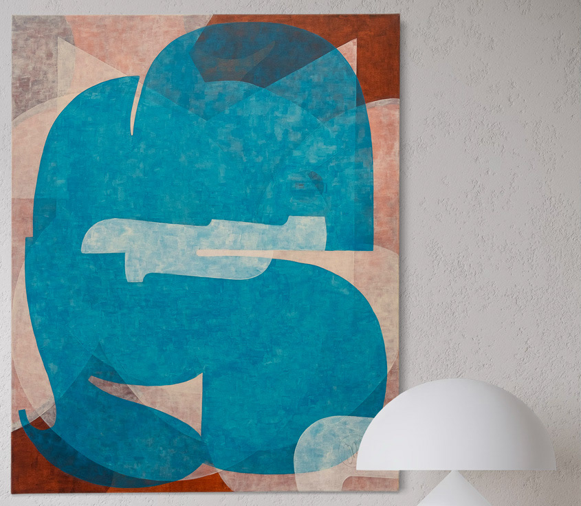Kosmos, geometric abstract painting in acrylic on canvas, composed of layered geometric forms inspired by typography, brown, orange, blue and white translucent layers.