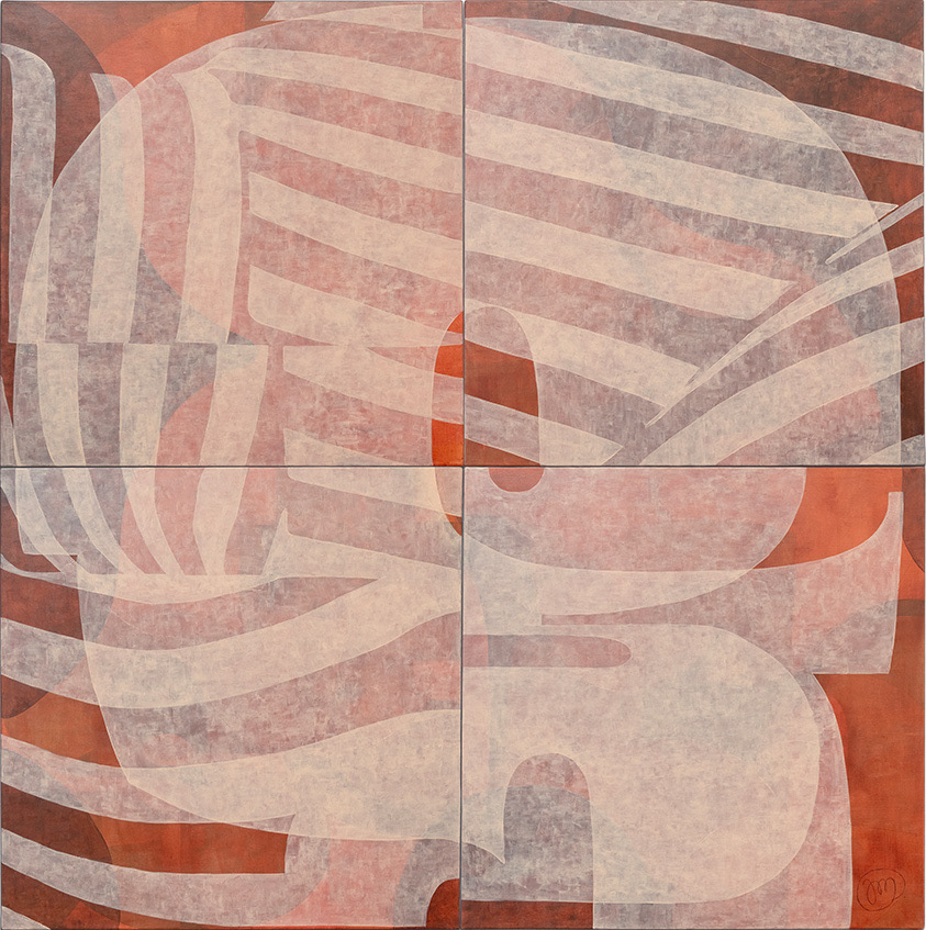 Large scale polyptych, a warm orange background with light, semi-transparent layers inspired by typography, and prominent bold stripes.
