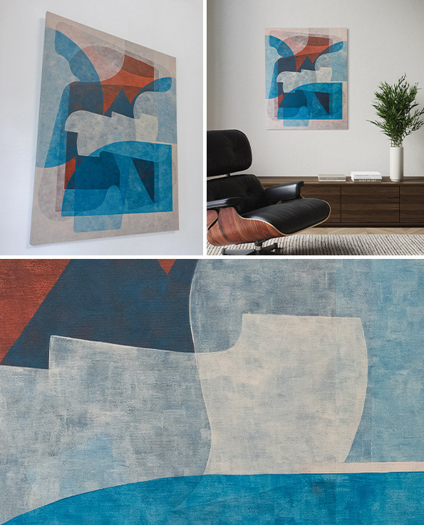 Nn, geometric abstraction, painting on canvas, close-up of a detail, and view of the painting in an interior.