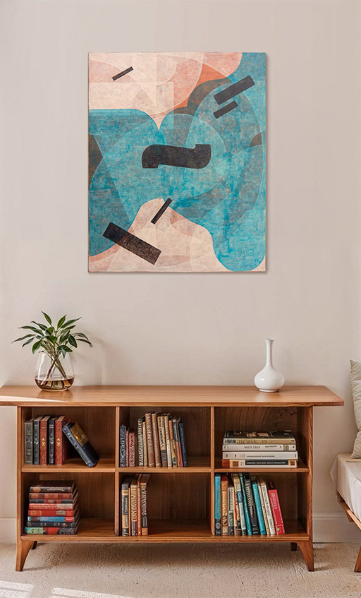 Titulus V, geometric abstraction, painting on canvas viewed hanging in an interior.