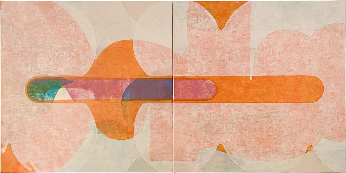 Kultura 2, geometric abstraction on canvas, composition made of several translucent layers of bright colors with strong orange accent. 