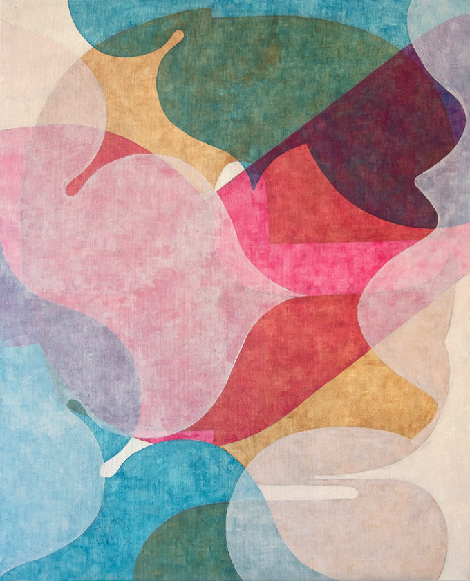 Elegante colorido, acrylic on canvas, colorful geometric abstraction, translucent layers of white, blue, yellow and pink.