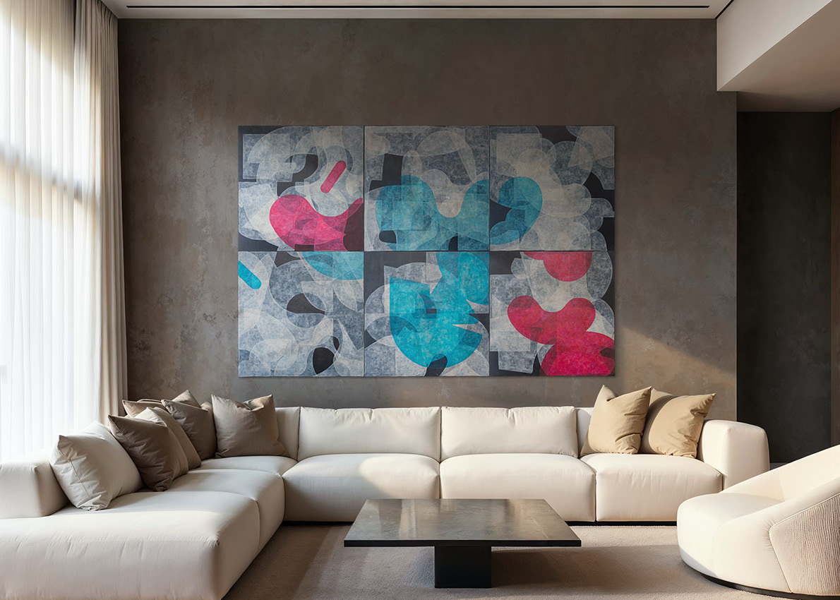 Large-format abstract painting from the Infinity series, polyptych shown in the interior of a modern living room, consisting of six independent paintings that together form a cohesive mosaic inspired by Portuguese azulejos, against a black background, light, semi-transparent forms intermingle with several blue and magenta shapes.