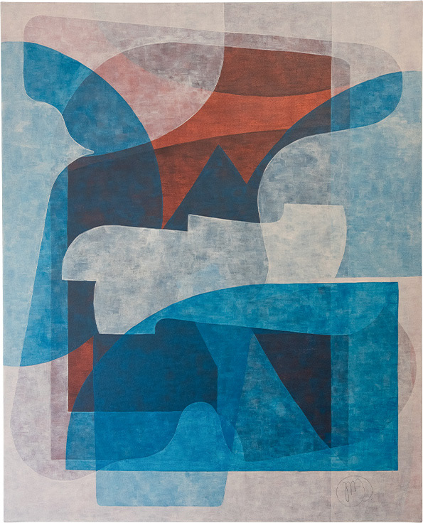 Nn, geometric abstraction on canvas, composition with overlapping bright white and blue forms on orange background.
