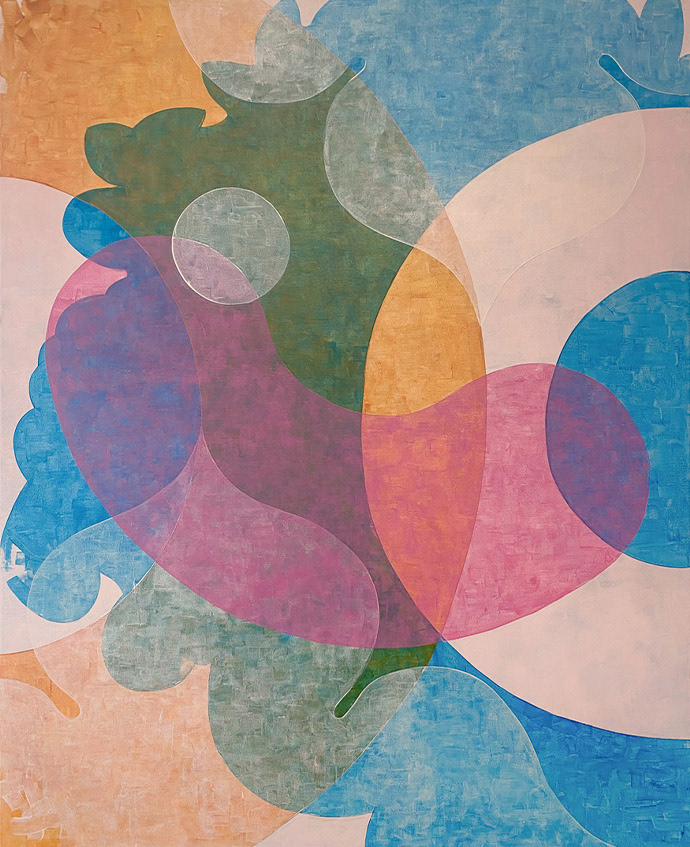 Singularidade II, acrylic on canvas, colorful geometric abstraction, translucent layers of blue, yellow and pink.