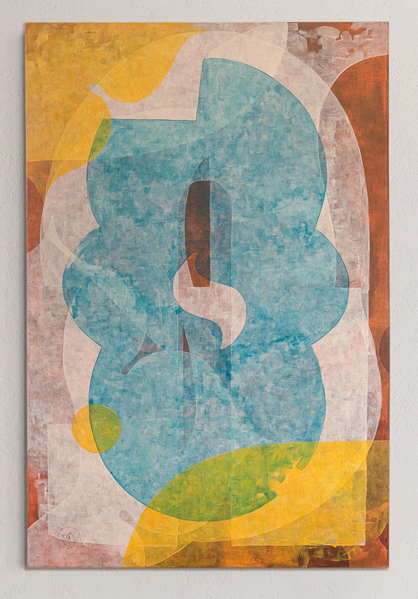 Santiago de Palmela em azul e sol, abstract painting with structured geometric shapes and contrasting areas of color, acrylic on canvas inspired by Portuguese urban landscape.