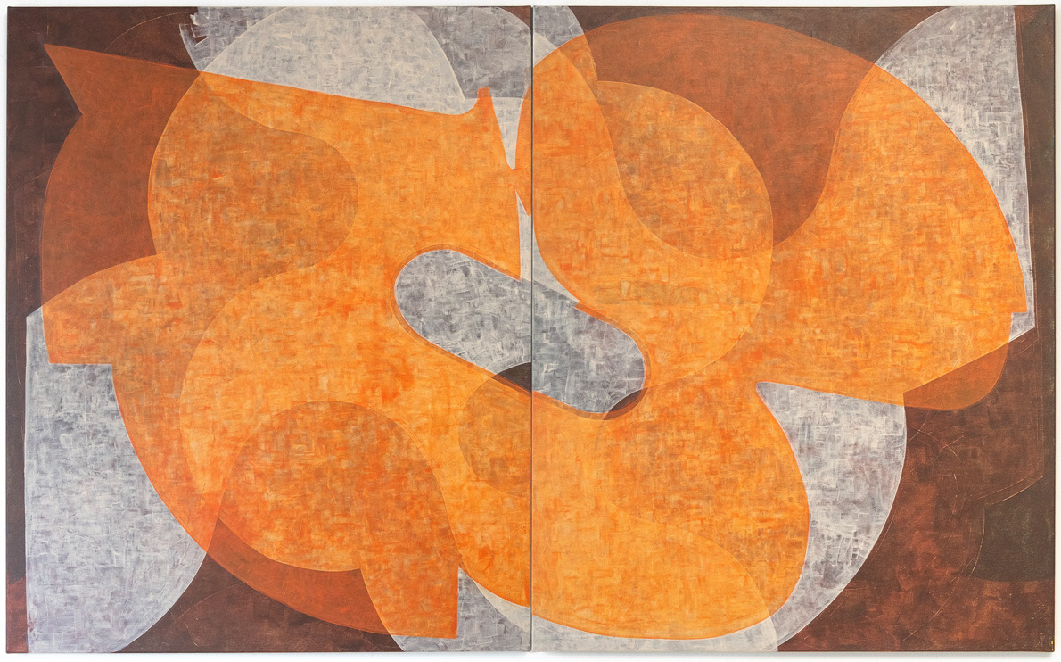 Gravity of whisper, abstract painting composed of overlapping bright orange geometric forms on dark brown background.