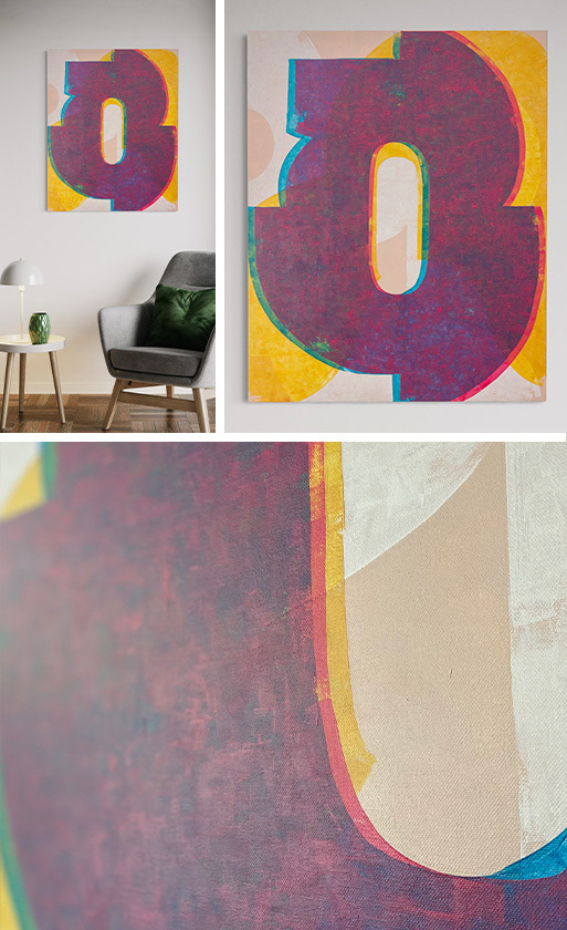Spectral Orbit, geometric abstraction on canvas, close-up of a detail, and view of the painting in an interior.