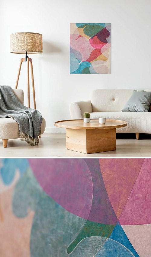Painting on canvas, close-up of a detail and a view of the painting hanging on a wall in an interior.