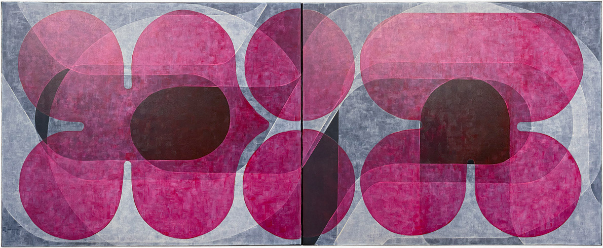 Diptych, abstraction on canvas, black background with white and magenta translucent layers of strong geometric shapes.