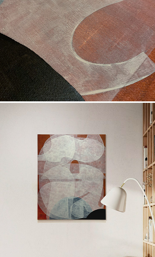 Portugal and Poland, geometric typography abstraction, painting on canvas, close-up of a detail, and view of the painting in an interior.