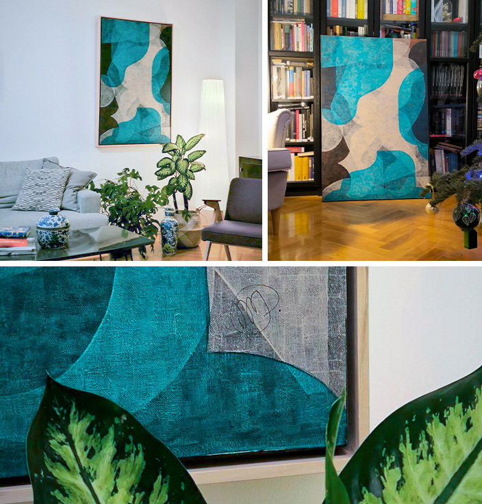 LBRde, geometric abstraction, painting on canvas, close-up of a detail, and view of the painting in an interior.
