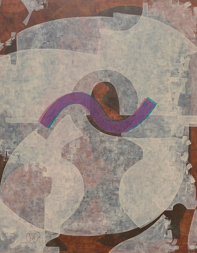 Interferências Lua, geometric composition inspired by typography, a monochromatic warm, earthy color scheme with blue and pink overlapping accents in the center. 