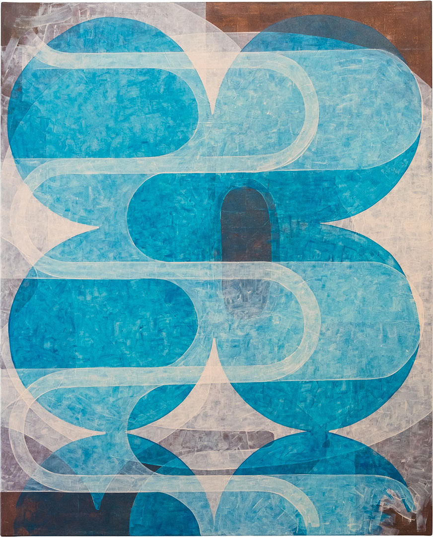 Oscilacao livre, geometric abstracton on canvas build of translucent shapes inspired by typography and Portuguese architecture, a dominant blue color