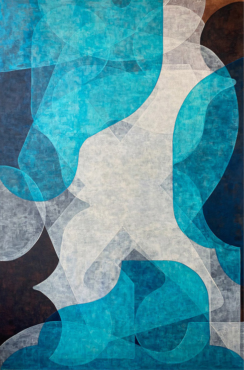 Liberdade,  abstract painting with structured geometric shapes , acrylic on canvas inspired by Portuguese urban landscape, strong contrasting brown, blue and white layers