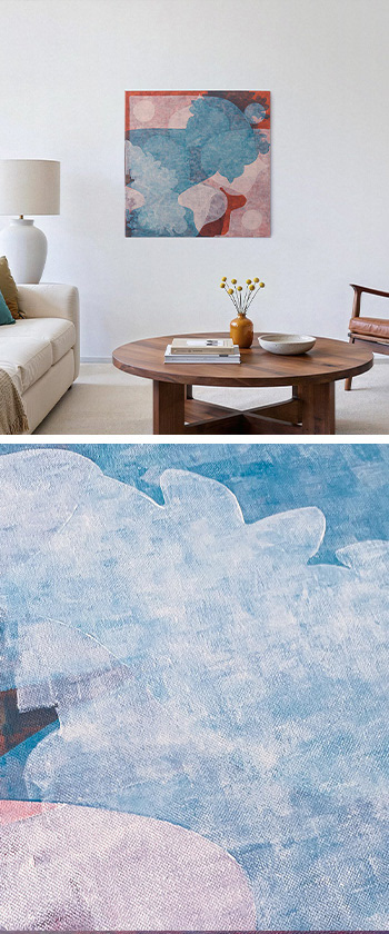Formiga Azul, geometric abstraction on canvas,  detail and a view of the painting in an interior