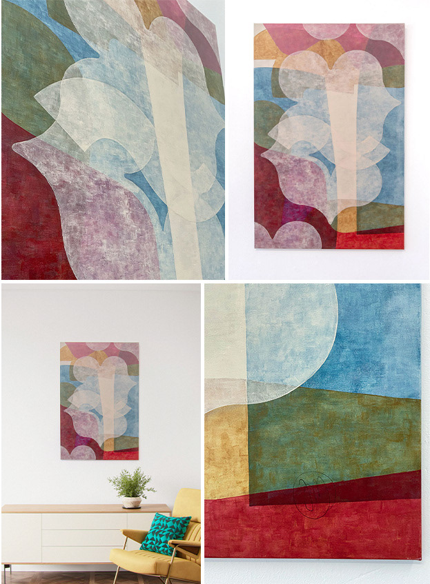 O Universo, several different views of the geometric abstraction painting on canvas, close-ups and a view of the painting in an interior