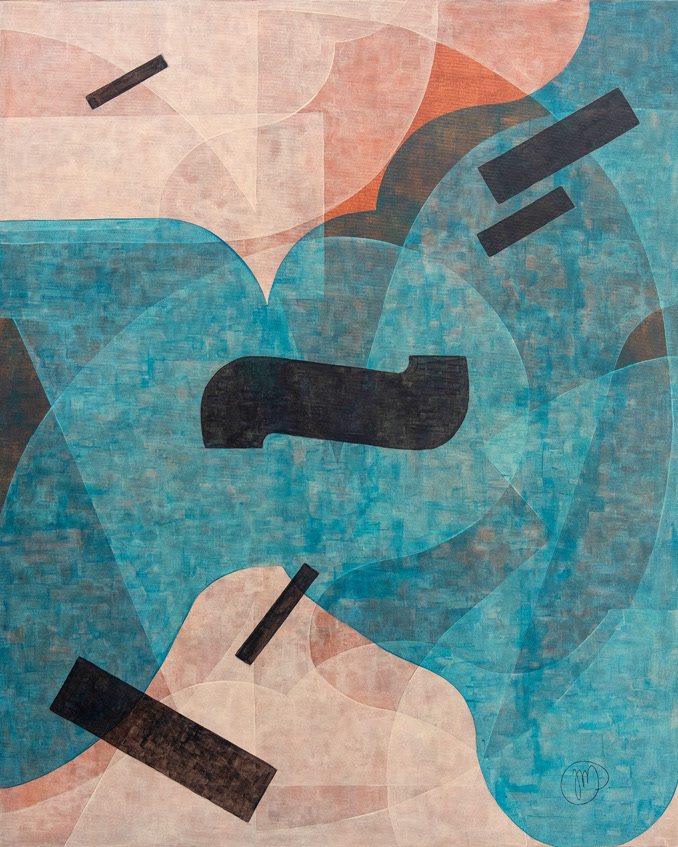 Titulus V, geometric abstraction painting on canvas, composed of layered geometric shapes inspired by typography, orange, blue and white translucent layers topped off with a few bold black accents.