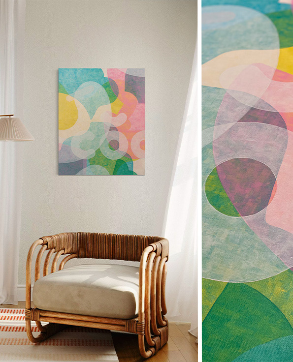 Merry Filed, geometric abstraction, painting on canvas, close-up of a detail, and view of the painting in an interior