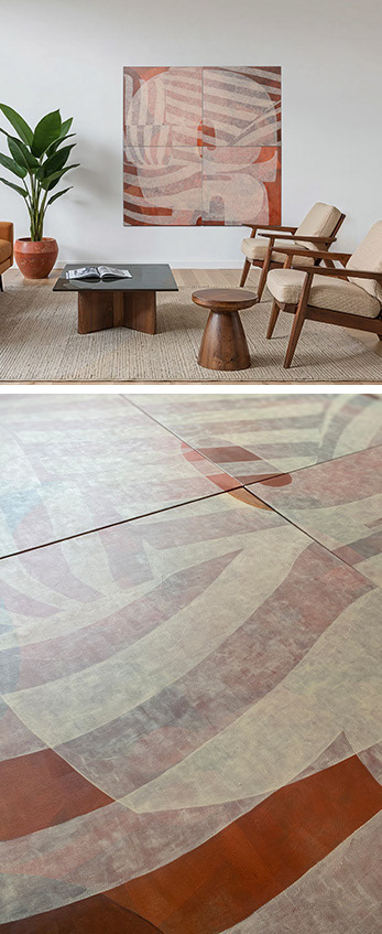 Painting on canvas, close-up of a detail, and view of the painting in an interior.